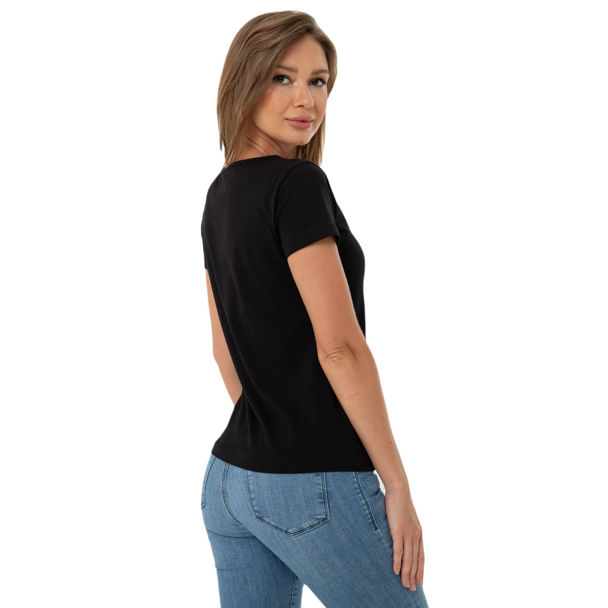 T-shirt Damski Z Ozdobnym Dekoltem Czarny S