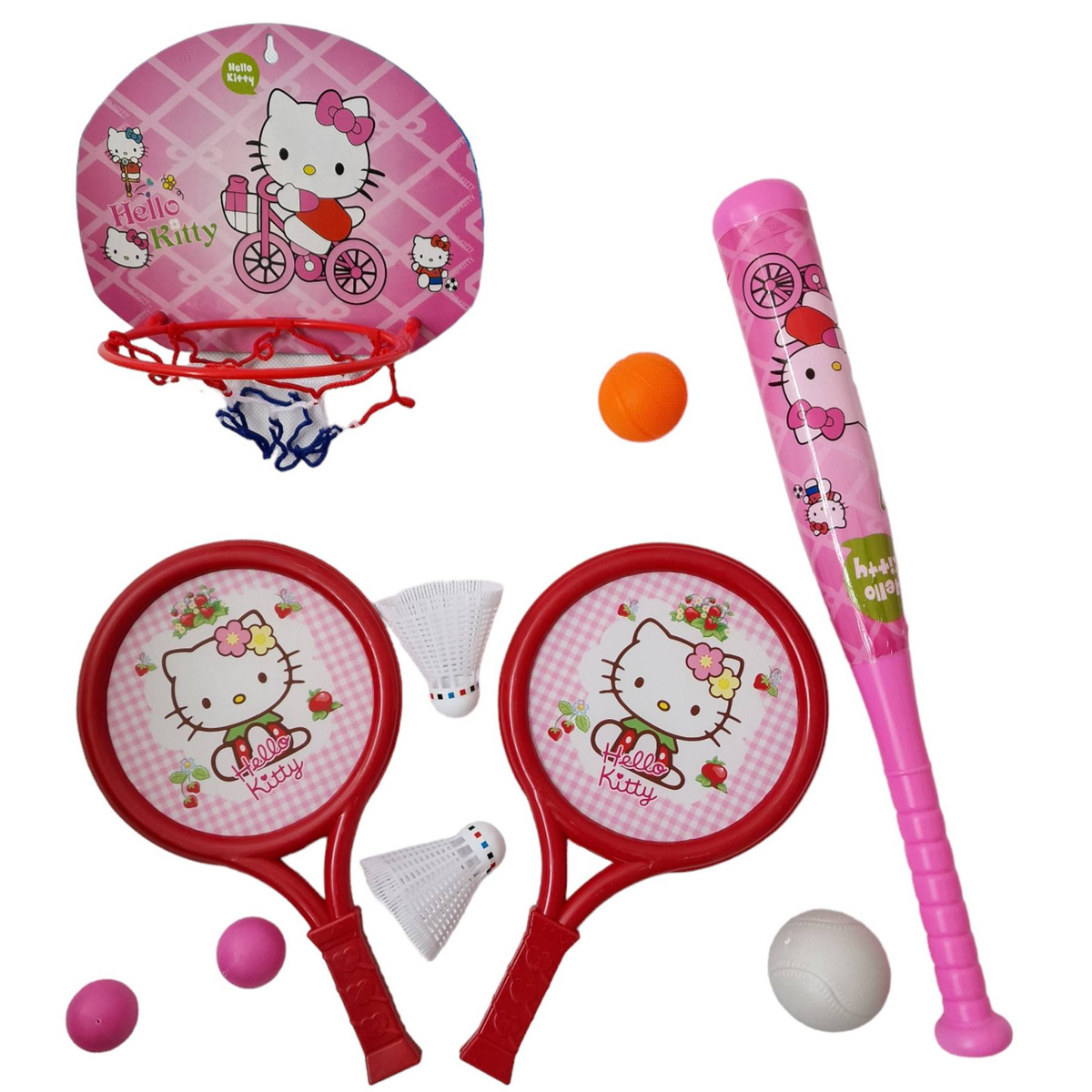 Zestaw sportowy 6w1 Hello Kitty - Rakietki, piłeczki, Kij do bejsbola, Koszykówka